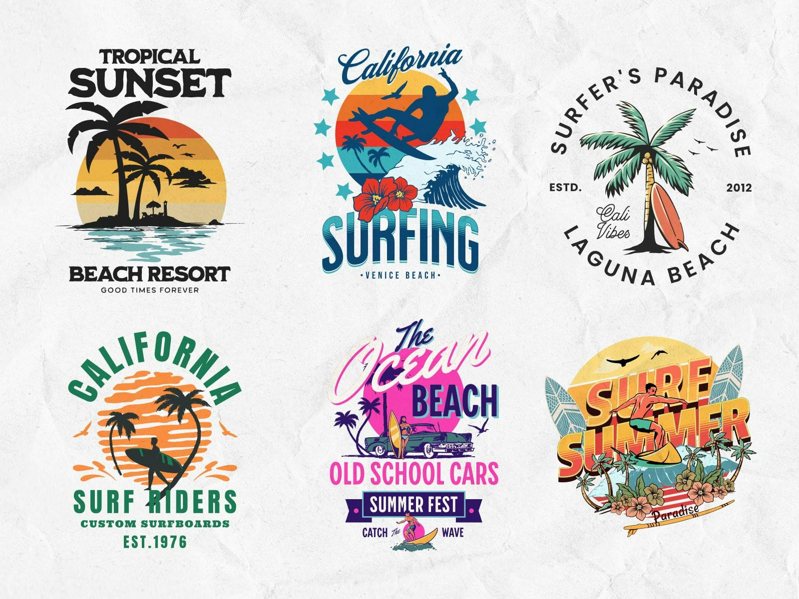 Retro Beach & Surf T-Shirt: Collection of retro beach and surf T-shirt designs