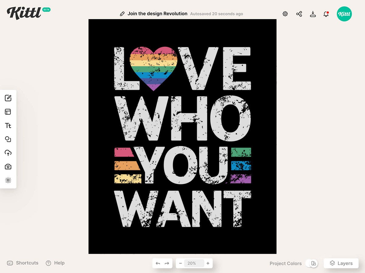 Love and pride themed design in Kittl editor.