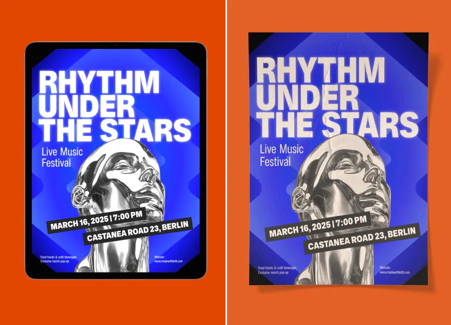 The importance of properly using RGB vs CMYK: Here is the difference between a poster design using RGB in print vs digital. On the left, the color is more vibrant in the digital version compared to the dull color on the right for print - Kittl