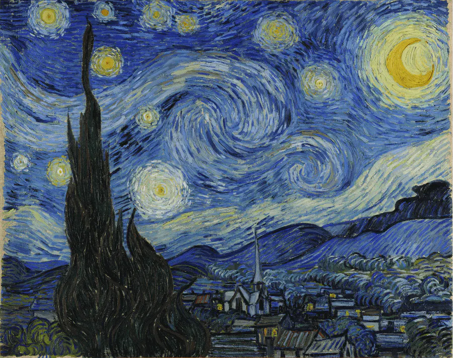 A case study featuring Vincent van Gogh's creation called the Starry Night that incorporate lines, contrast, textures, and color play- Kittl