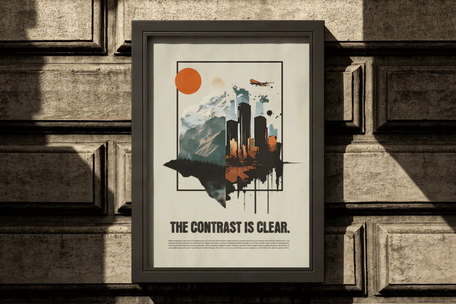 A haunting poster inspired by deforestation rates hanging on a wall - Kittl
