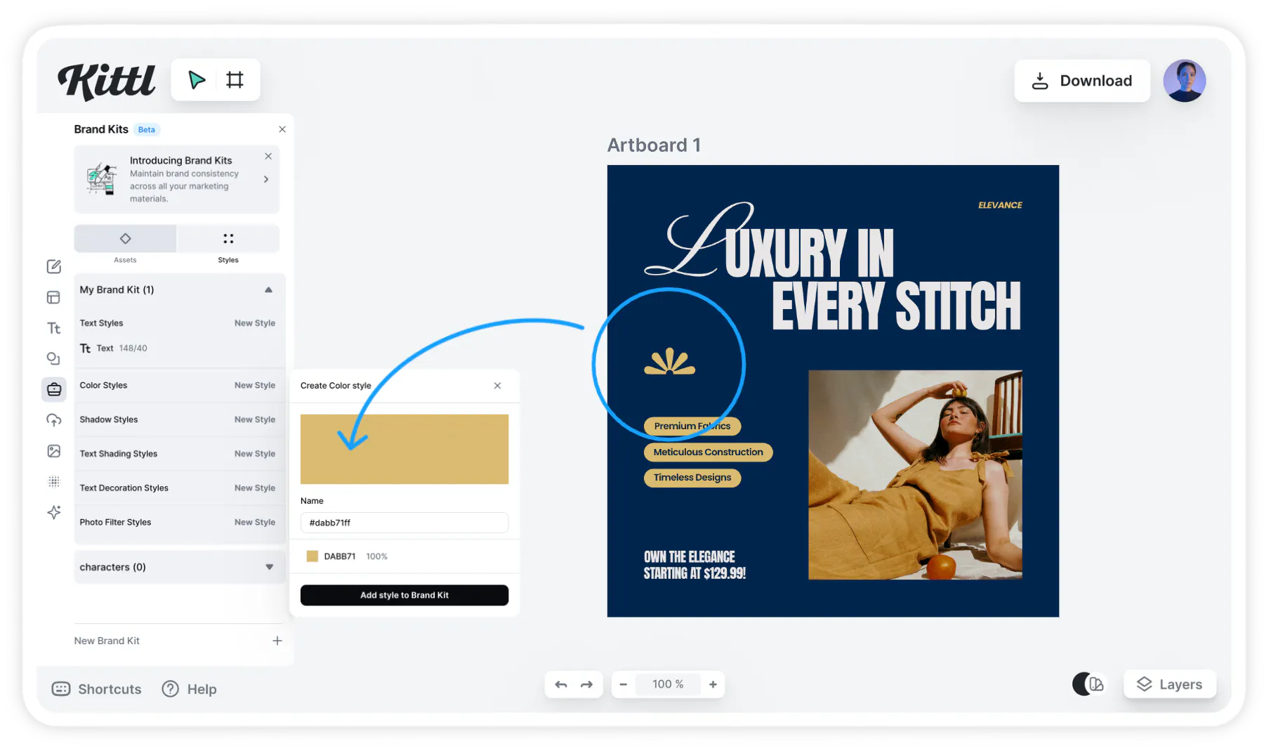 Save color to brand kits