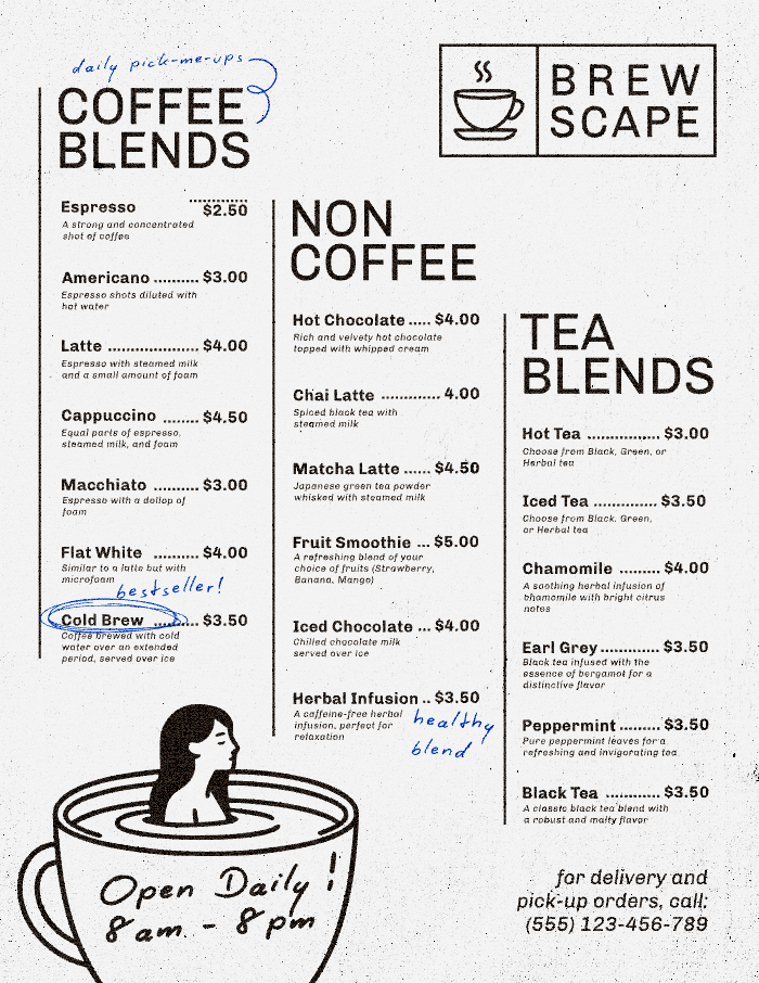 Simple wabi sabi art style drink menu 
