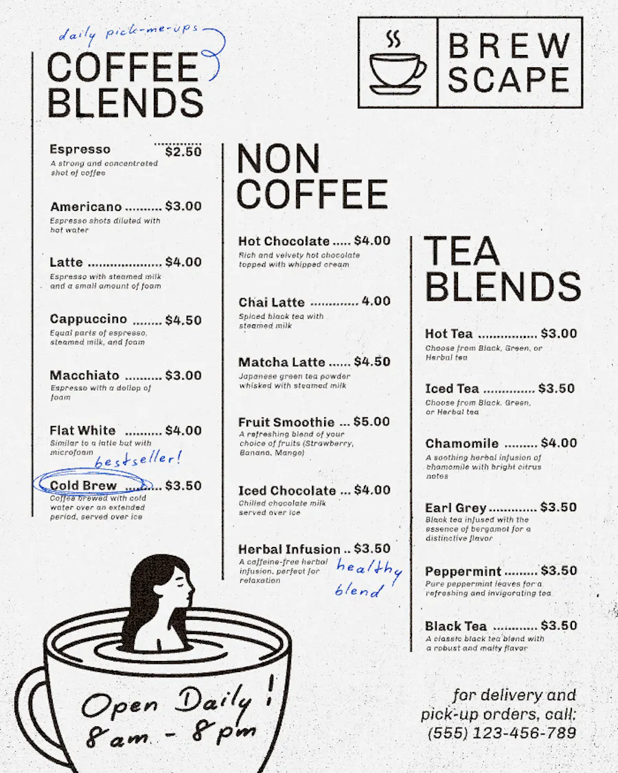 Simple wabi sabi art style drink menu