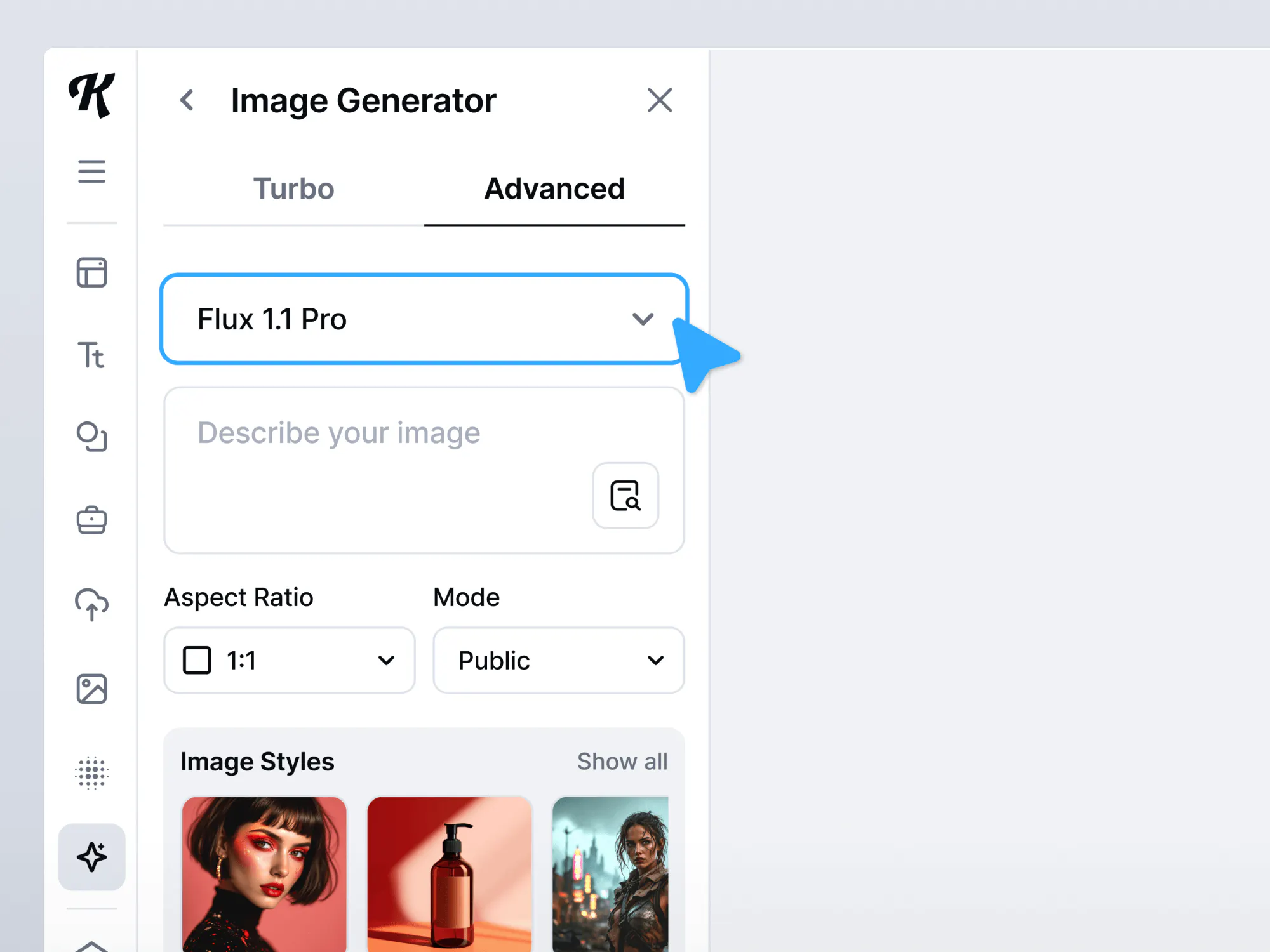 Flux 1.1 Pro image generation in Kittl