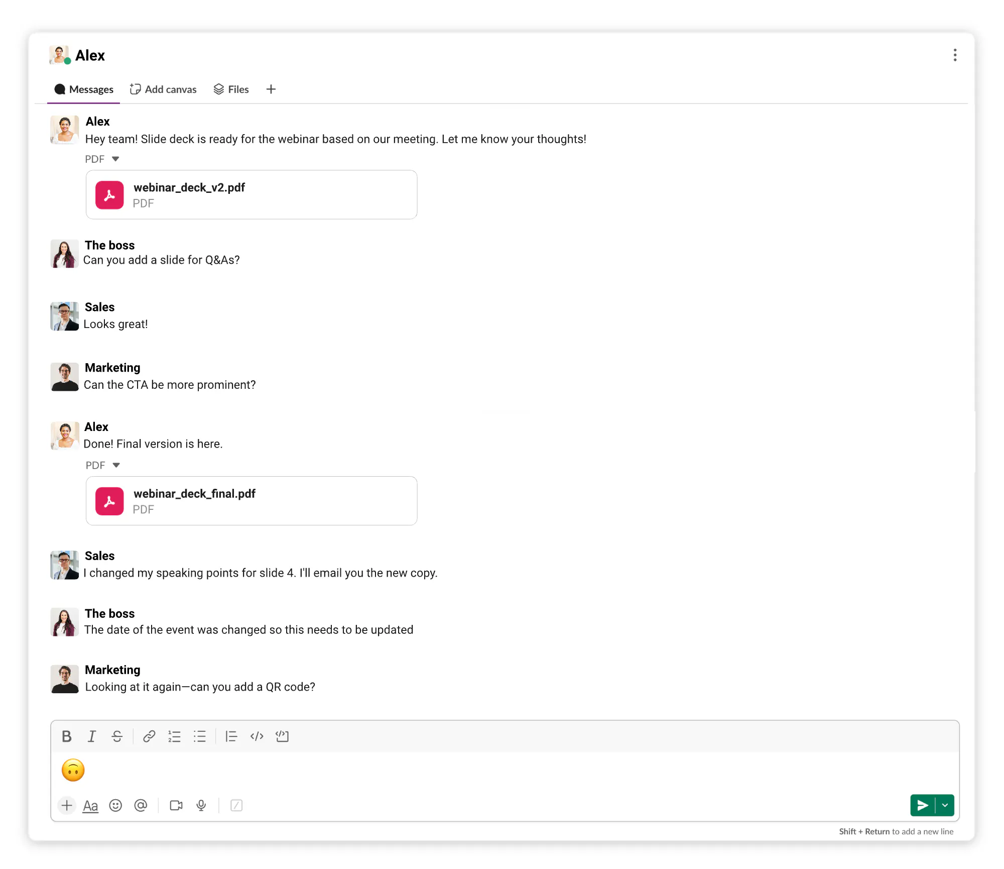 Slack messages about design update