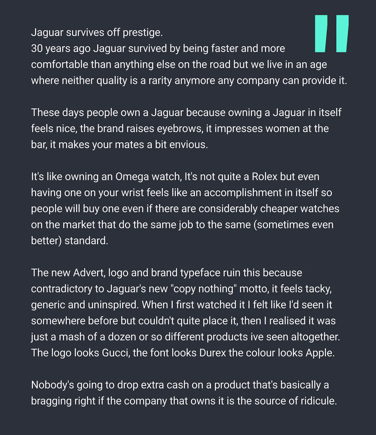 A Redditor's comment about the Jaguar rebranding. They think that the new advert, logo, and brand typeface feels "tacky, generic, and uninspired" - Kittl