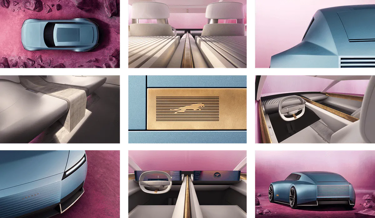 The new Jaguar concept car that is targetted to attract younger demographics that's dominated by London Blue color and Miami Pink - Kittl