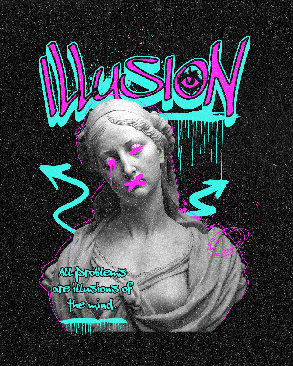 Neon letters and arrows on a classic style historical sculpture