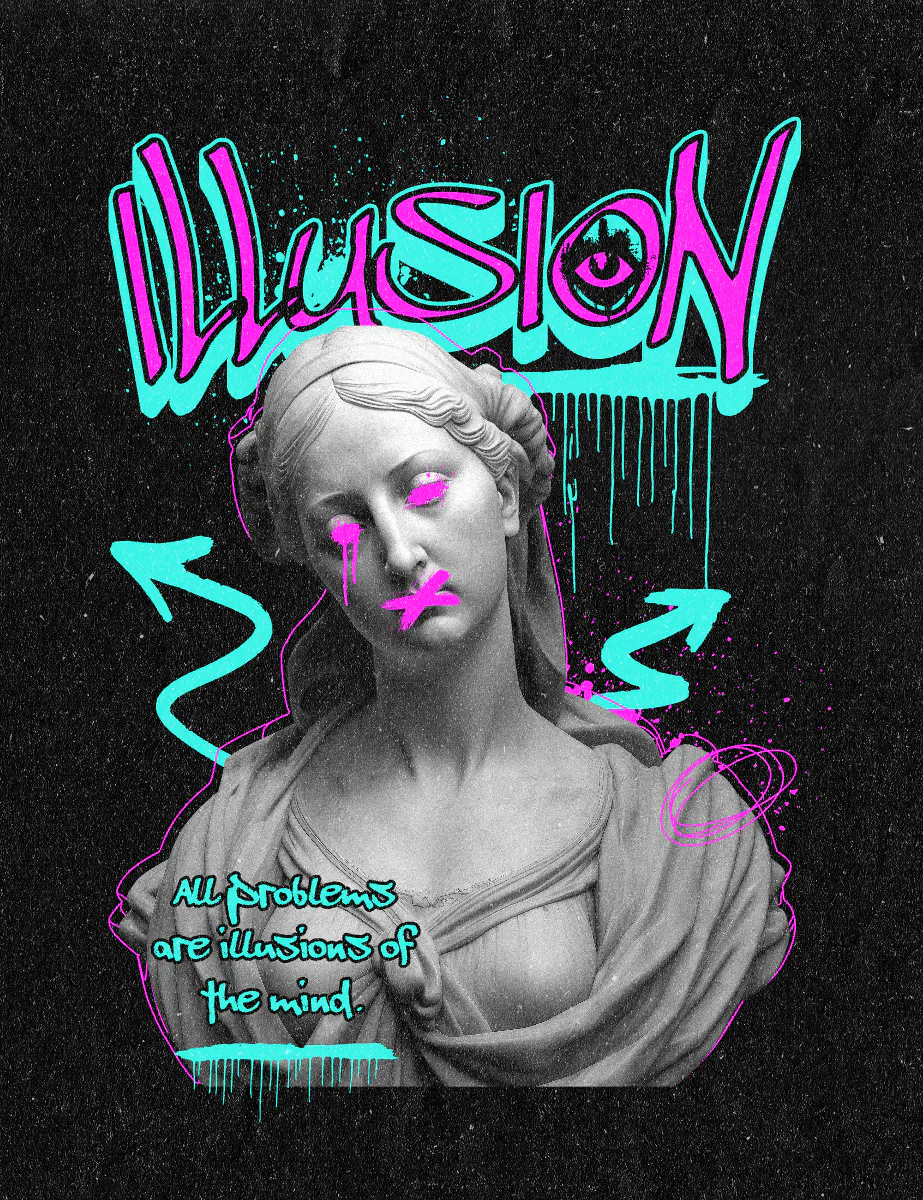 Neon letters and arrows on a classic style historical sculpture