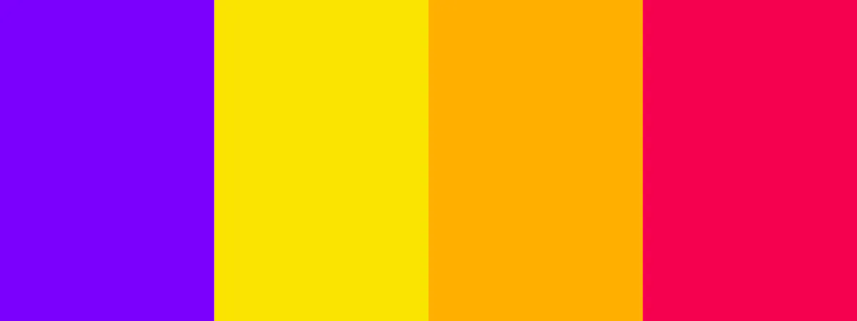 Hyperpop energy neon color palette with #7C00FE, #F9E400, #FFAF00, #F5004F color hex - Kittl