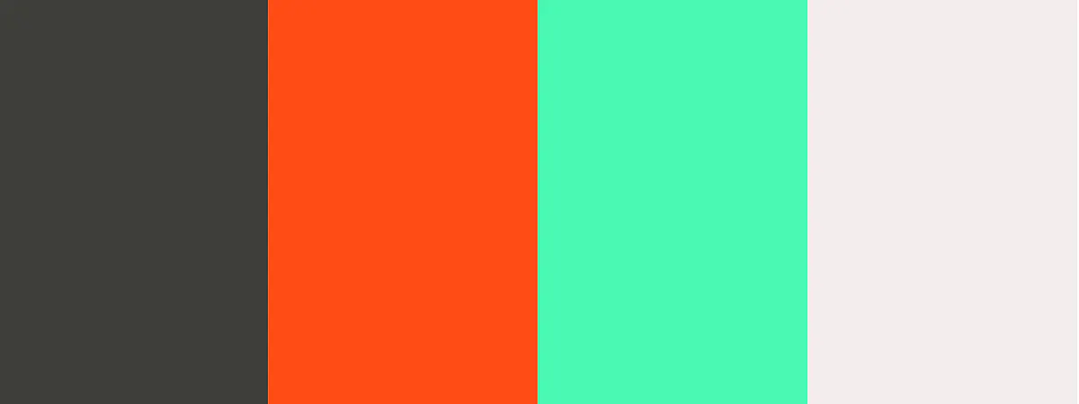 Retro tech noir palette with  #3D3D39, #FF4C14, #F3EDED, #4BF8B3 color hexes - Kittl