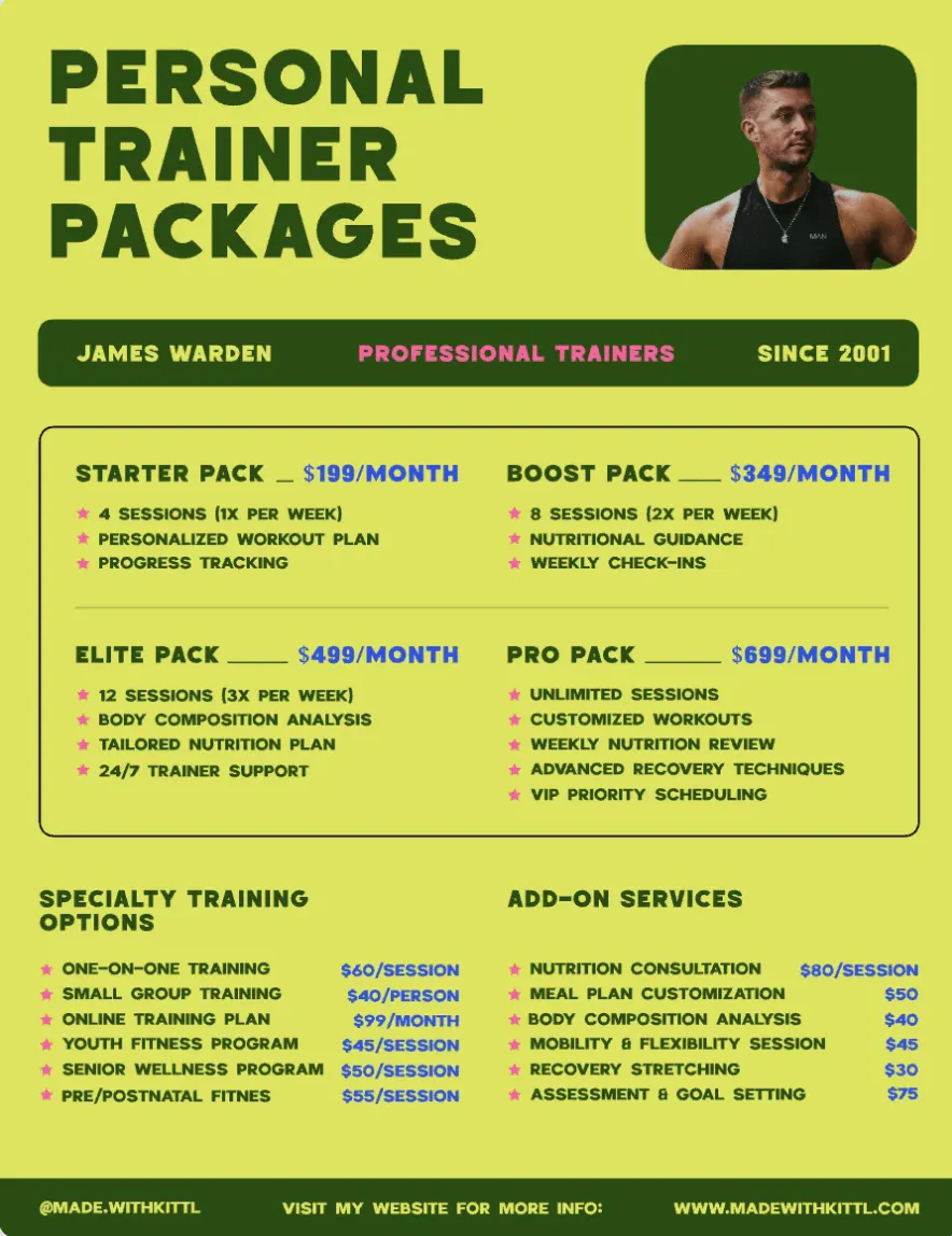 Personal trainer pricing list one-pager example