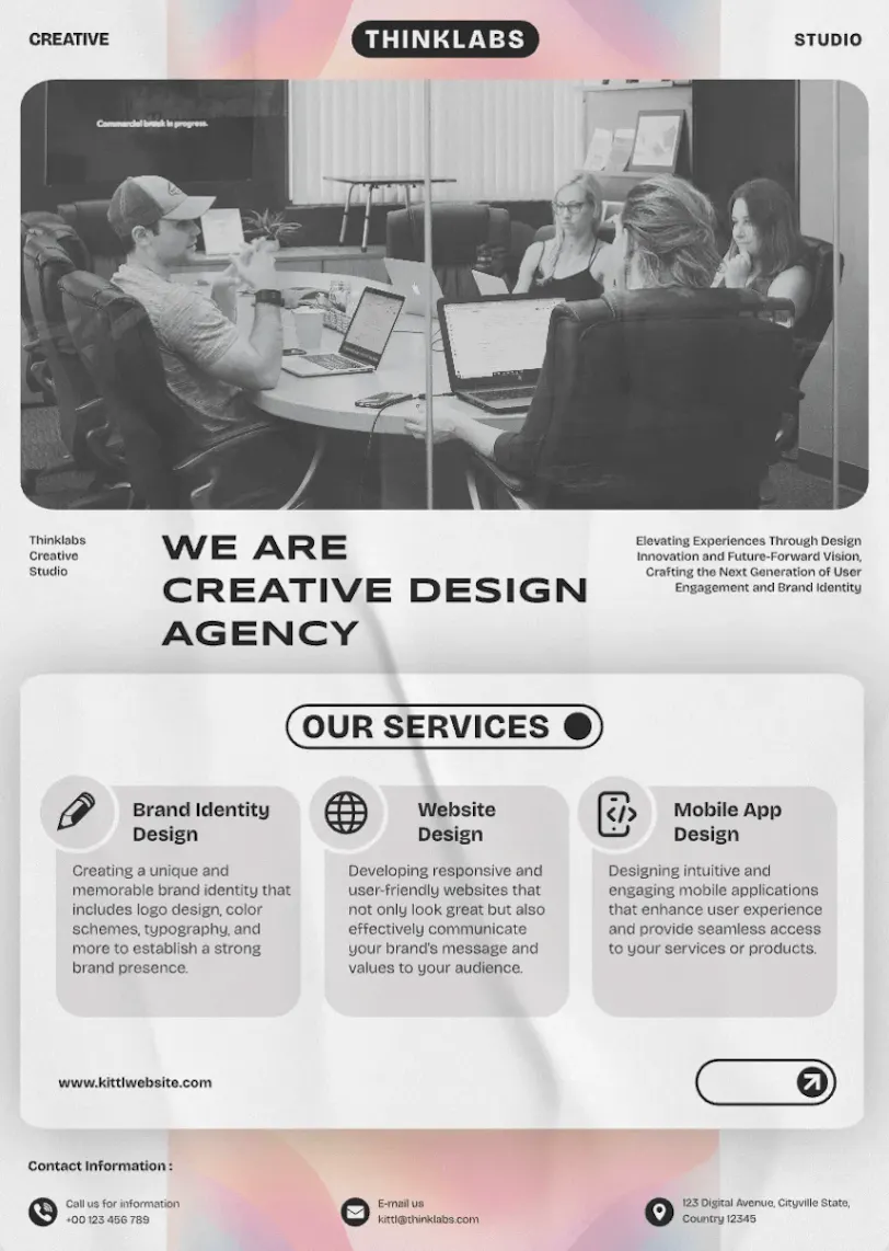 Marketing one-pager for creative design agency with a list of solutions and services