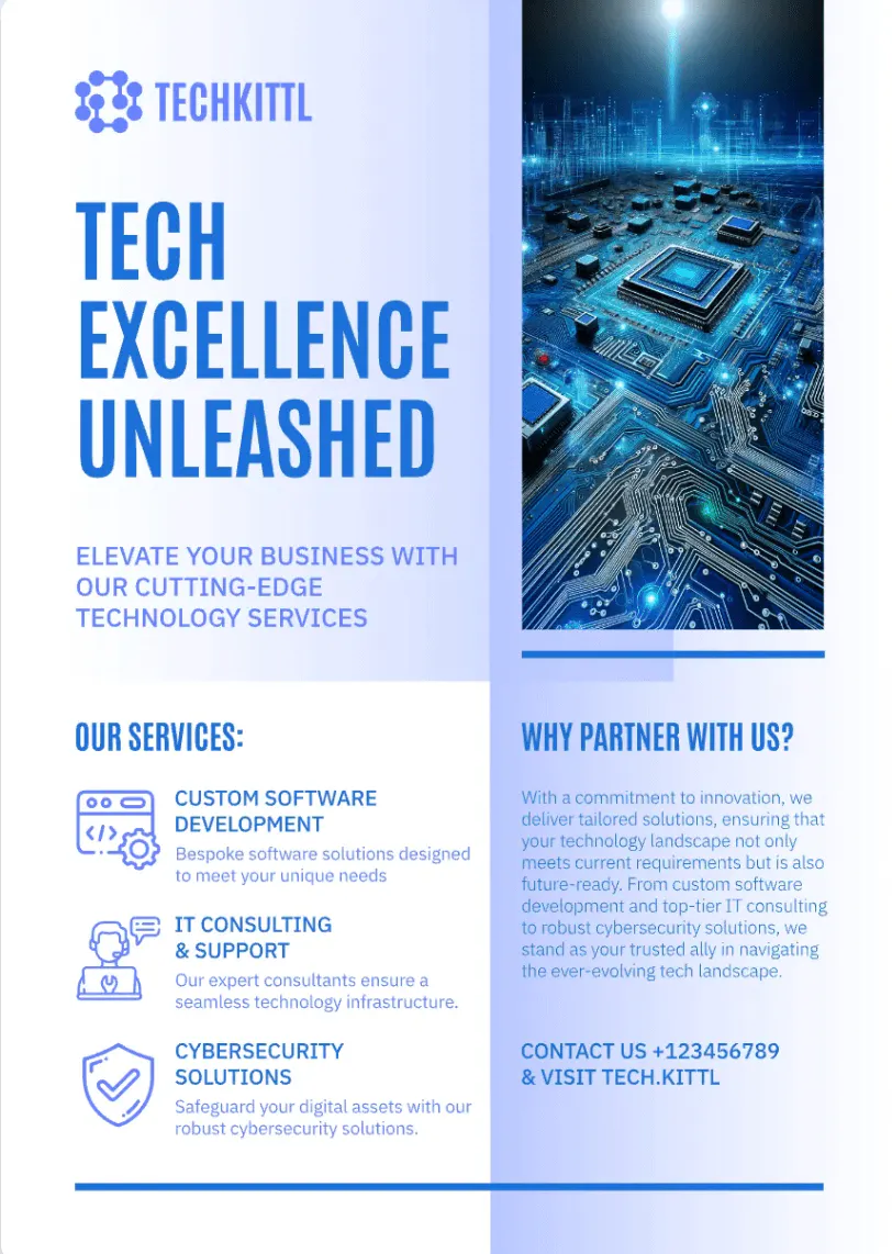 Marketing one-pager for tech businesses with a list of solutions and services