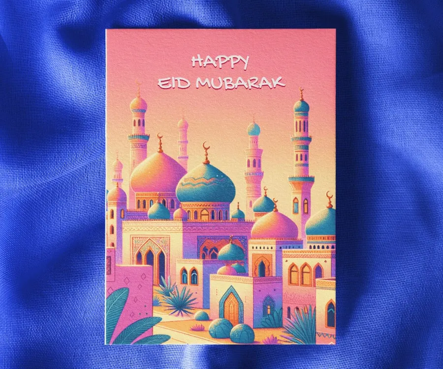 Modern Eid Mubarak Card for your Muslim clients with mosque and Eid Mubarak text