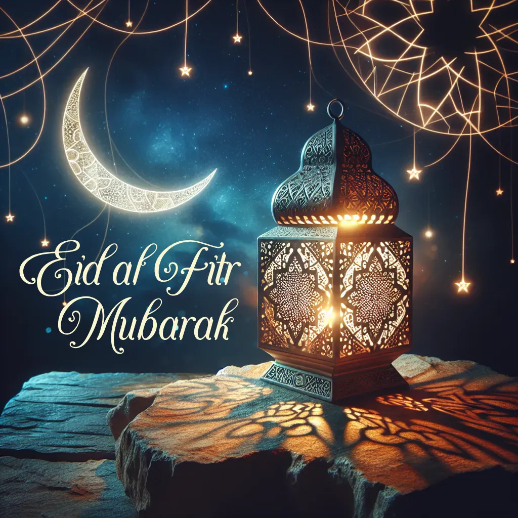 Eid Al Fitr Mubarak Card Template with Crecent Moon and Lanterns