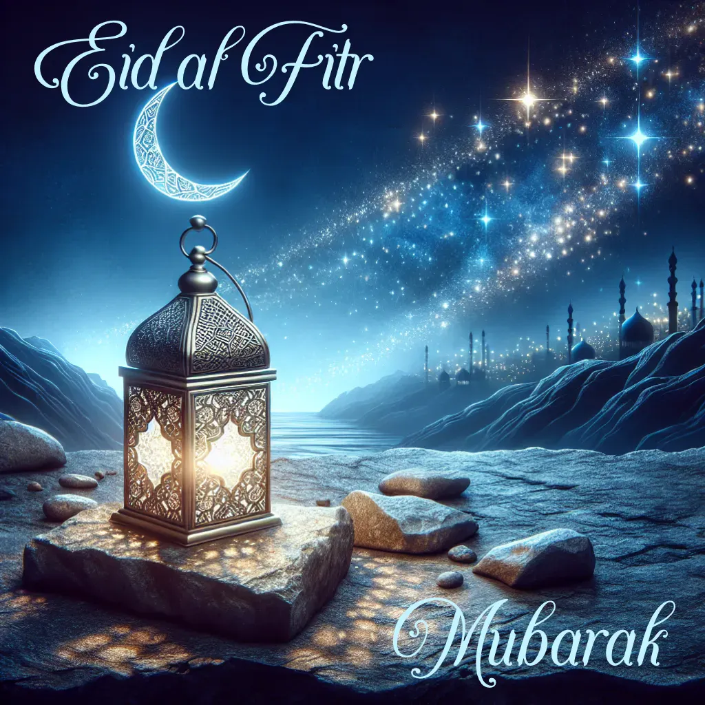 Traditional Eid Al Fitr Mubarak Card Template with Crescent Moon and Stars and Lanterns