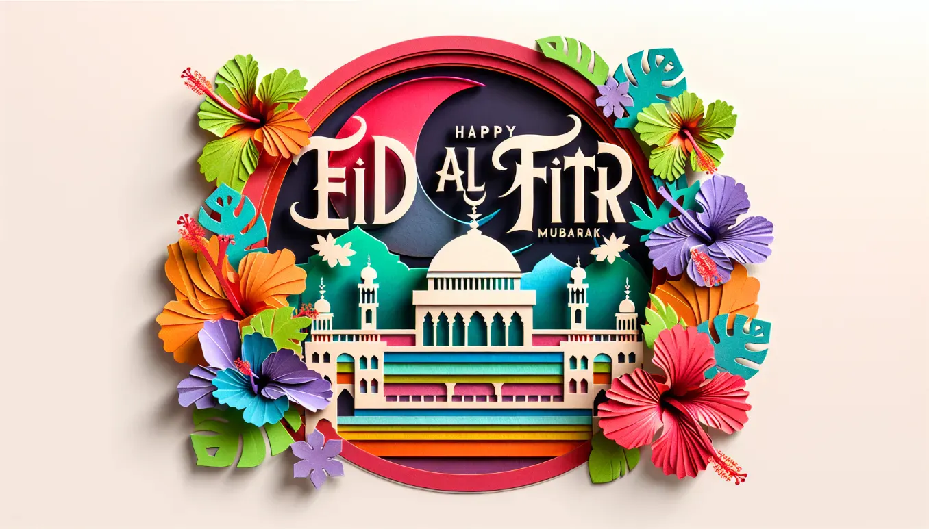 Modern Eid Al Fitr Mubarak Card Templates with Mosque, Unique Typography, Colorful Flowers and Decoration
