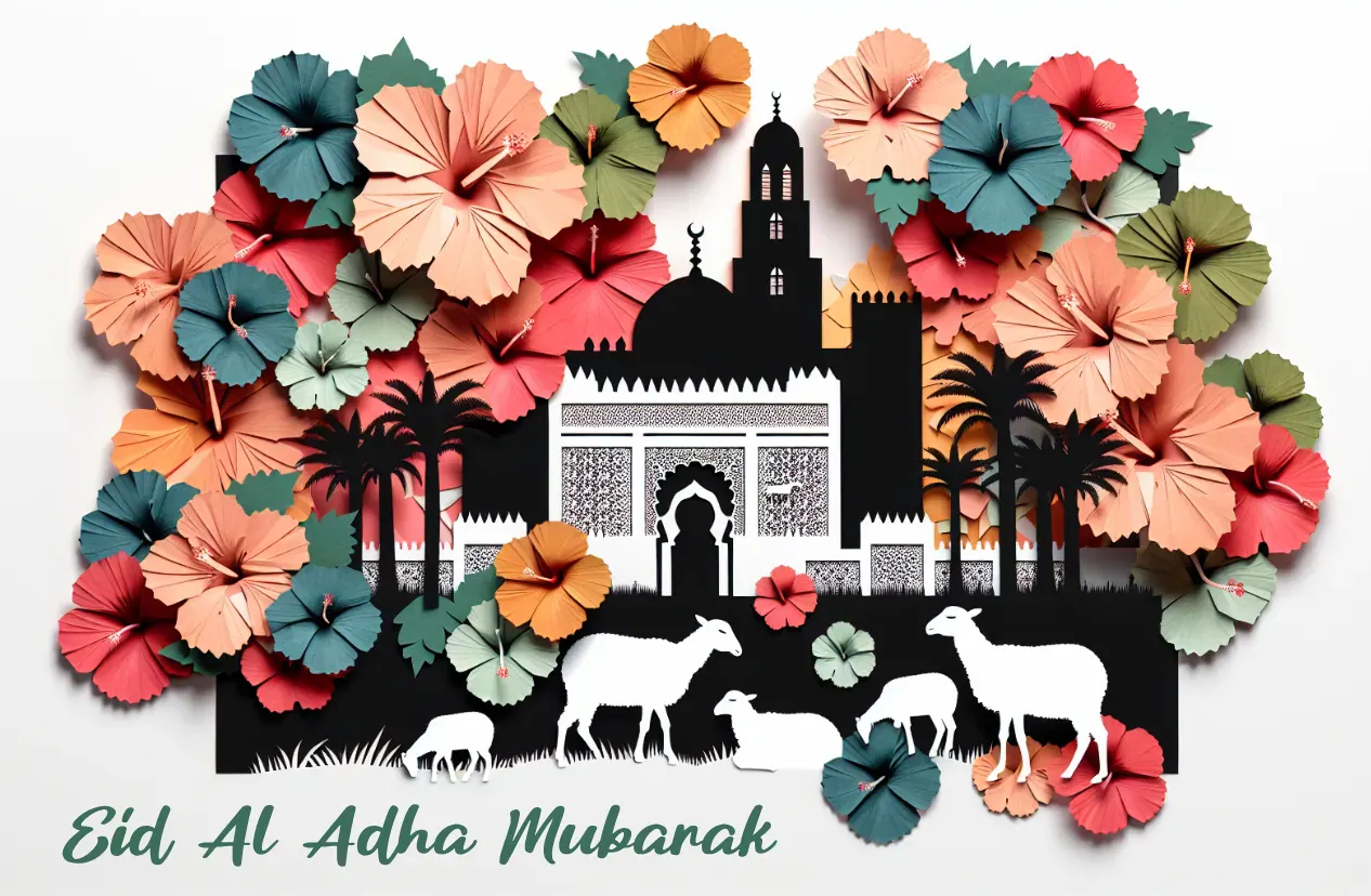 Modern Eid Al Adha Mubarak Card Template with Sheep and Mosque