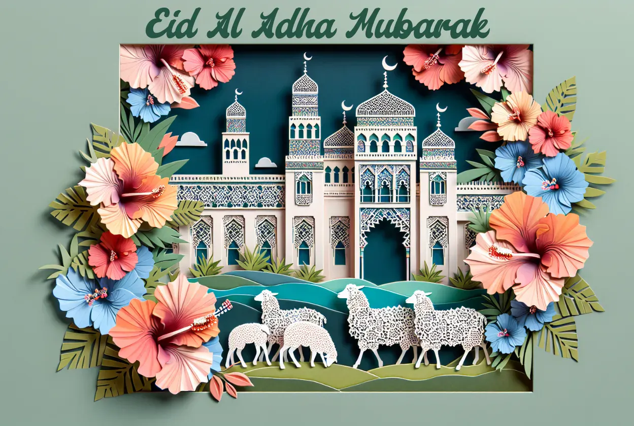 Modern Eid Al Adha Mubarak Card Template with Sheep and Mosque and plain green background