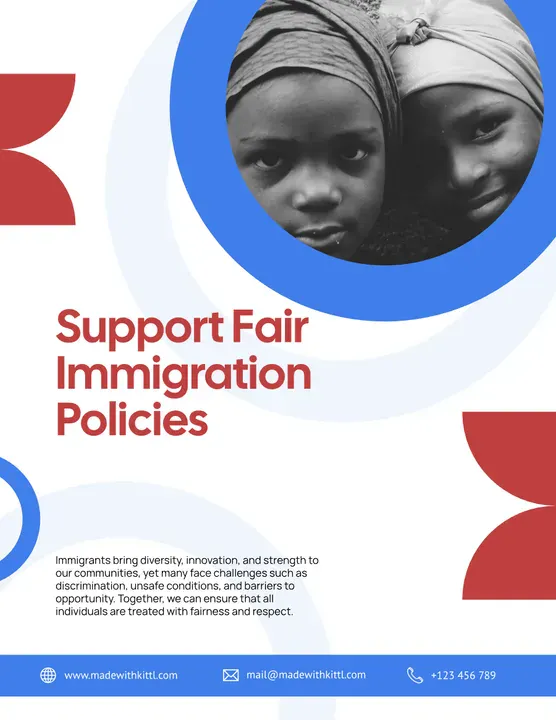 Cal Sans Semibold + Manrope Regular + PT Sans Regular font pair in a support fair immigration policies poster - Kittl