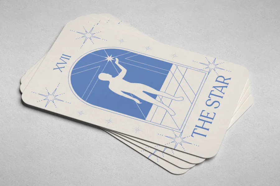 Boho tarot card design in white and blue depicting "The Star" tarot card - Kittl