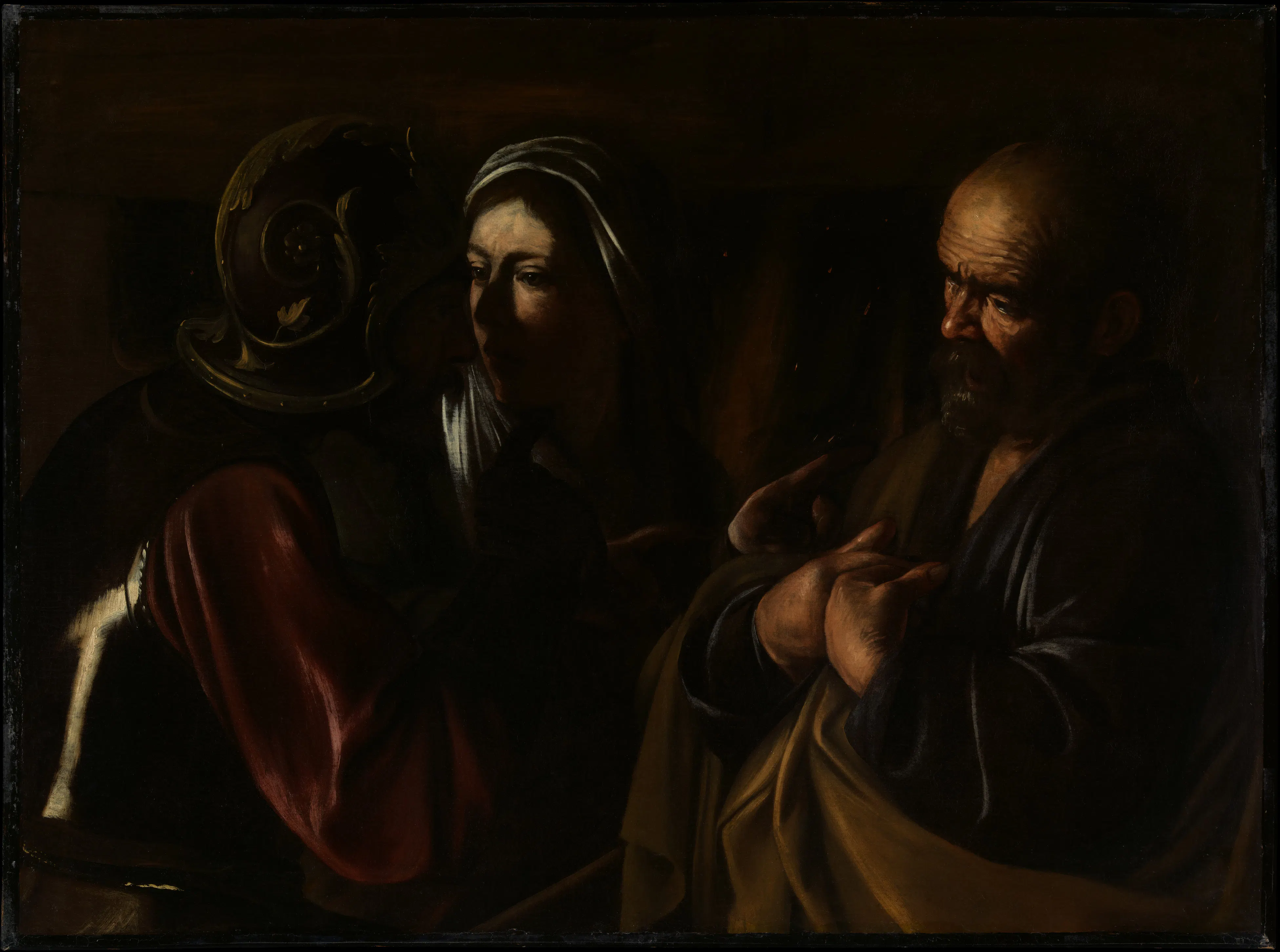 Baroque art example: "The Denial of Saint Peter" by Caravaggio (Michelangelo Merisi), 1610. Collection of The Metropolitan Museum of Art. Public Domain.