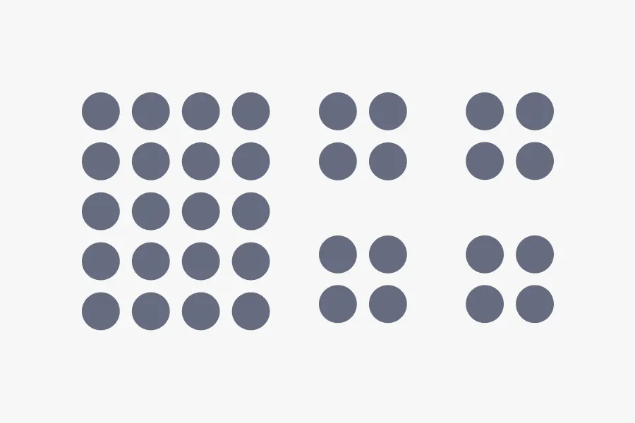 Gestalt Principles 1 - Proximity: Group things by closeness. A grid of grey dots. On the left, they’re tightly clustered. On the right, they’re spaced out - Kittl