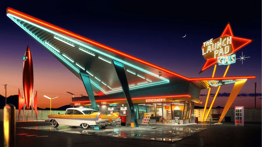 Every day public spaces like gas stations caught the hype of Space Age (Atomic Age) inspired-design - Kittl