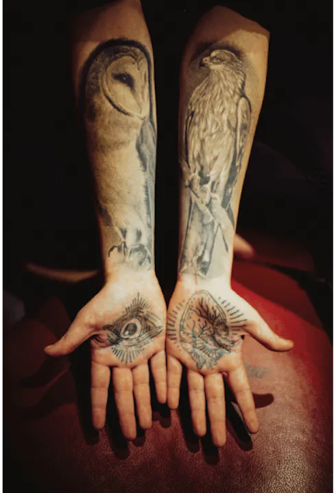 Two arms with realism style tattoos of animals