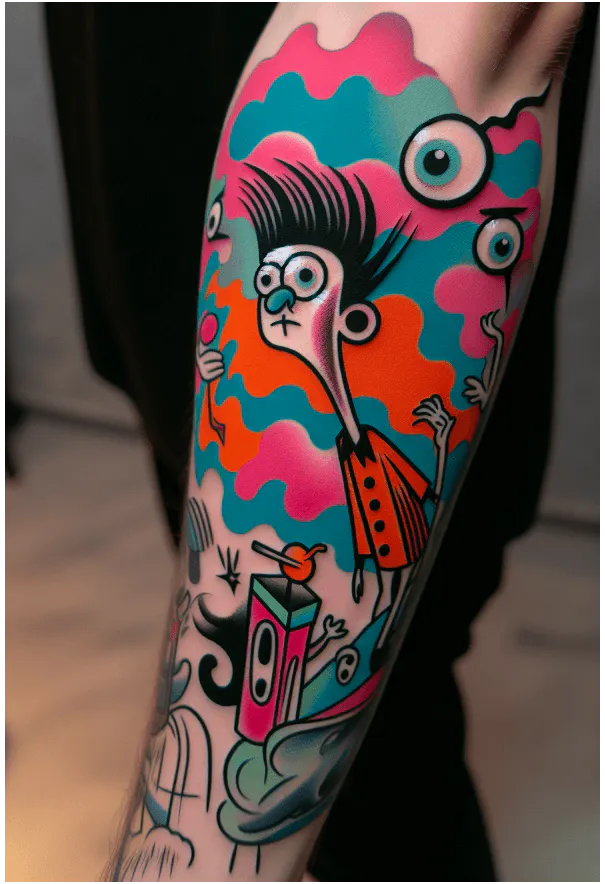 New school tattoo with cartoon character
