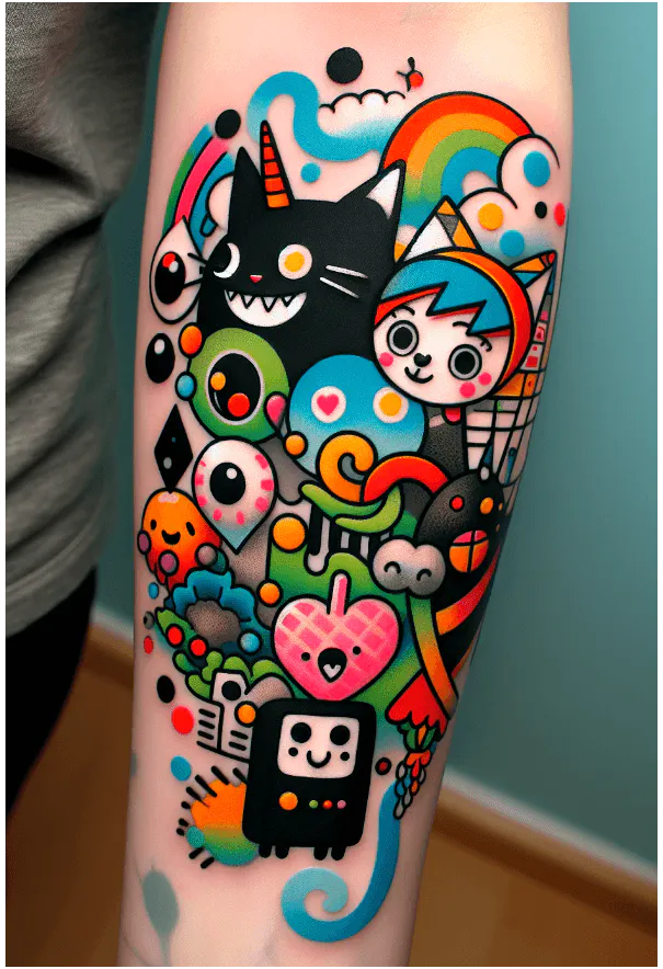 New school tattoo of cartoon characters on arm