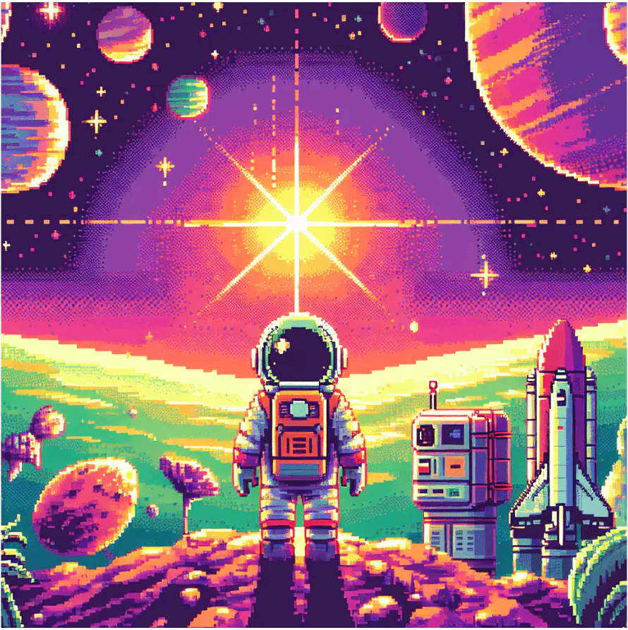 Anime, 8-bit pixel style Space Explorer