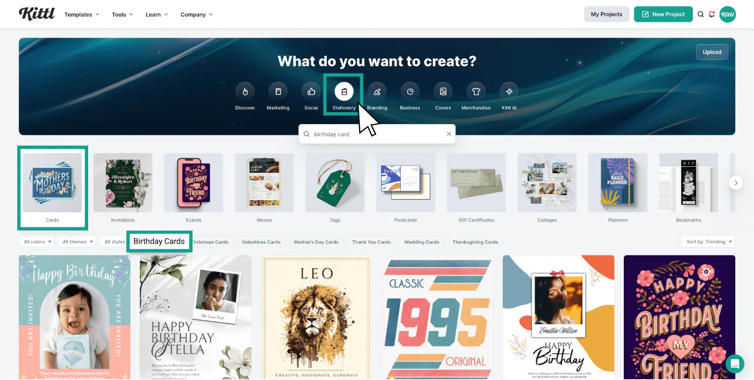 DIY Cards in Kittl - Navigation to birthday cards