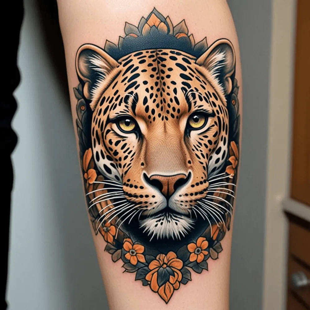 AI-generated neo traditional inspired tattoo of a leopard