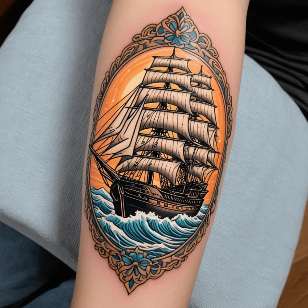 AI-generated neo traditional inspired tattoo of a ship
