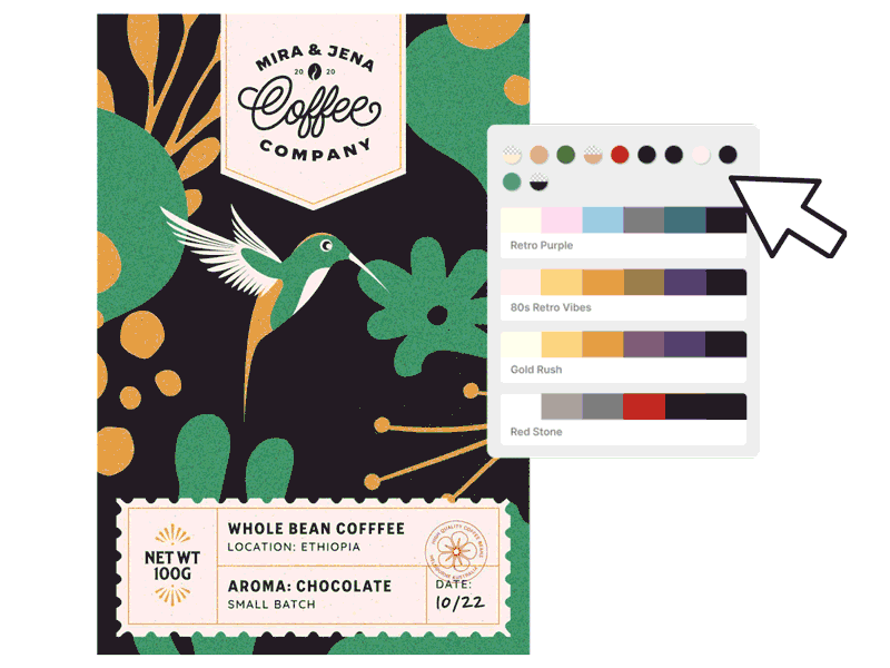 Colorful coffee label design with a hummingbird illustration is re-colored using a selection of Kittl's premade color palettes.