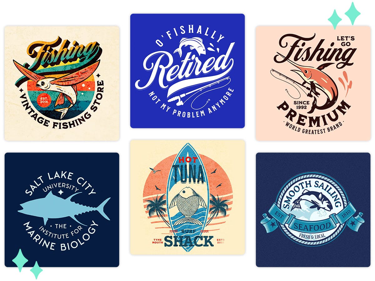 Colorful and nautic themed fishing logos.