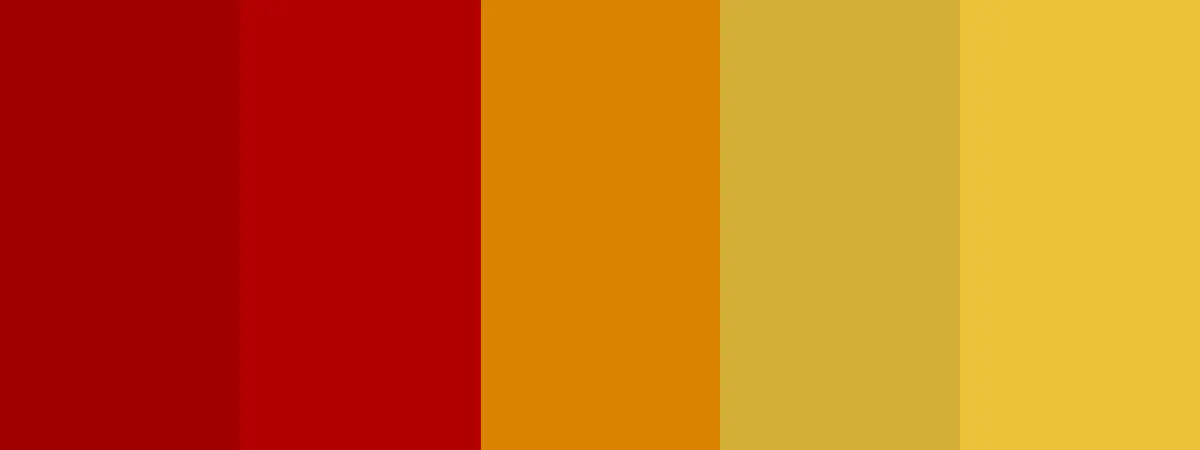 Gryffindor color palette consisting of  Deep Crimson Red (#A10000), Bold Scarlet (#B20000), Firelight Amber (#D88300), Classic Gold (#D4AF37), Gryffindor Yellow (#ECC23A)- Kittl