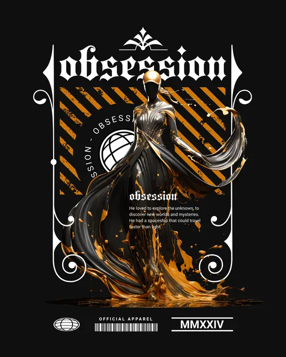 Obsession statue tshirt design template with a sculpture of a moving lady and flowing robe influenced from Baroque art - Kittl