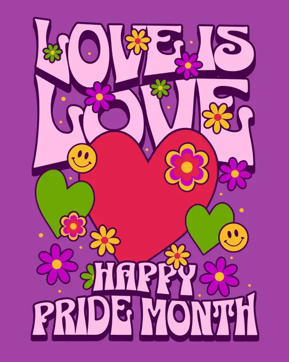 A cheerful T-shirt design featuring the phrase ‘Love is Love' in wavy, retro typography. Surrounded by hearts, smileys, and flowers against a solid background, creating a psychedelic feel - Kittl