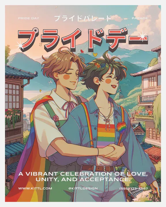 An anime-style Pride Day poster featuring two gay individuals smiling and celebrating against a bright, pastel background. It combines vibrant rainbow hues with a soft, cinematic illustration style - Kittl