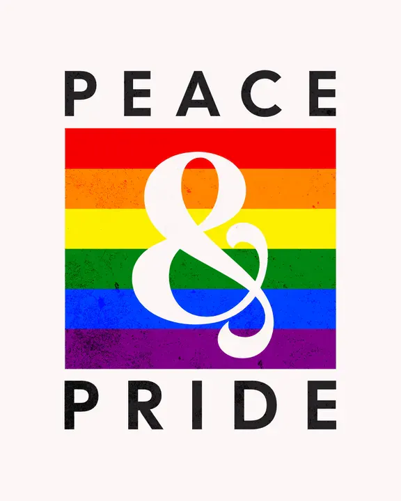 A minimalist T-shirt design featuring the words 'Peace & Pride' with a rainbow square behind the “&” against a solid background - Kittl
