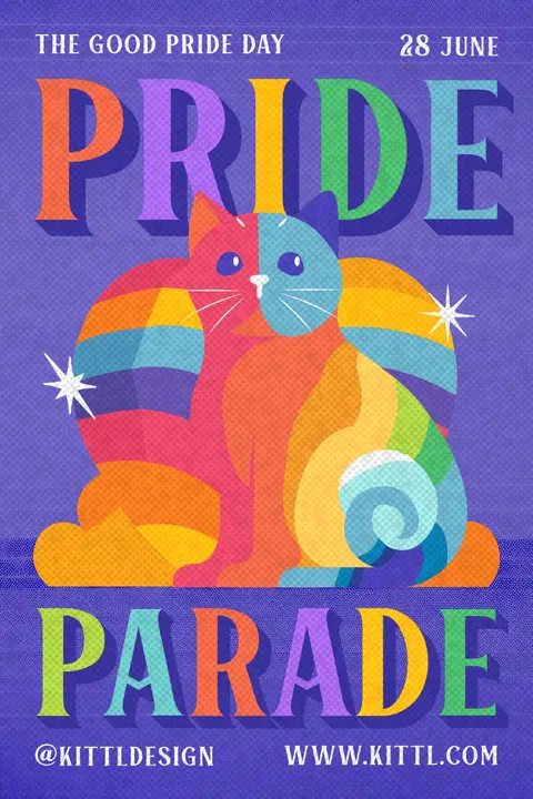 A retro magazine-style poster featuring a cat colored in rainbow hues, sitting in front of a large rainbow heart and cloud that blend seamlessly together - Kittl