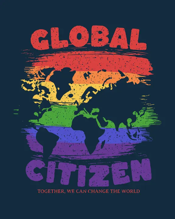 A T-shirt design featuring the word 'Global' above a rainbow-colored world map illustrated with artistic brush strokes, and the word 'Citizen' below. - Kittl