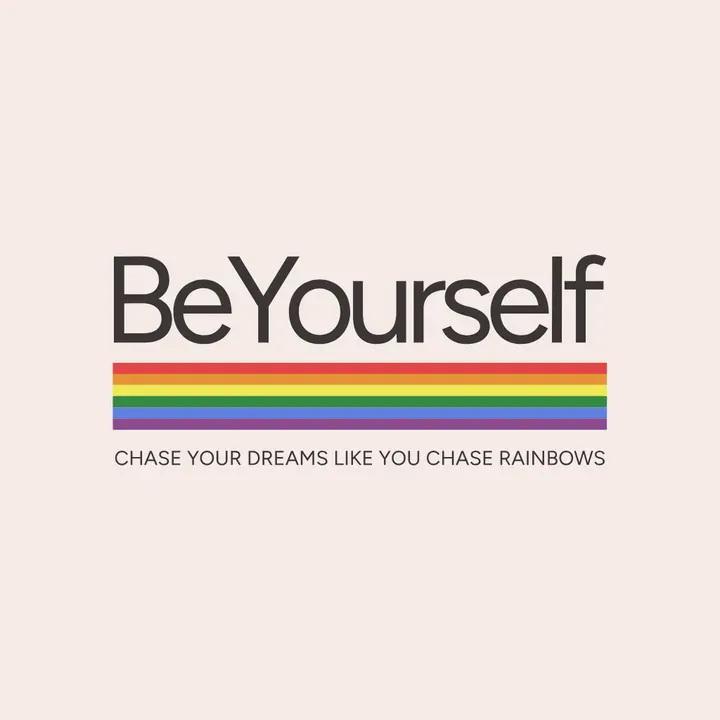 A T-shirt design featuring the phrase 'Be Yourself' in bold, minimalist-style typography with a rainbow beneath the writing - Kittl
