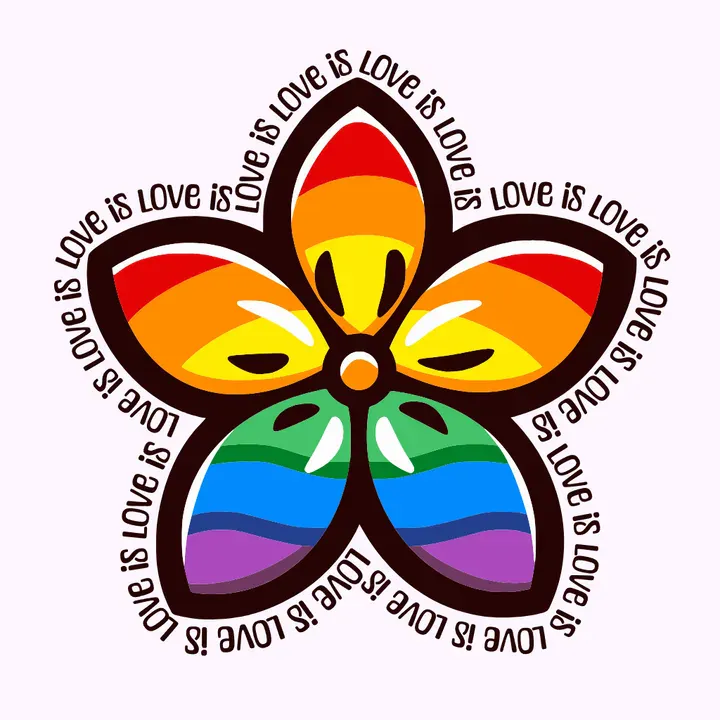 T-shirt design featuring a rainbow-colored flower at the center, with the phrase 'Love is Love' repeated multiple times, wrapping organically around the shape of the flower - Kittl