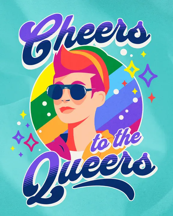 A playful T-shirt design featuring the phrase 'Cheers to the Queers' in bold, retro-style typography. Decorative stars and sparkles surround the text, with a simple layout celebrating LGBTQ+ pride - Kittl