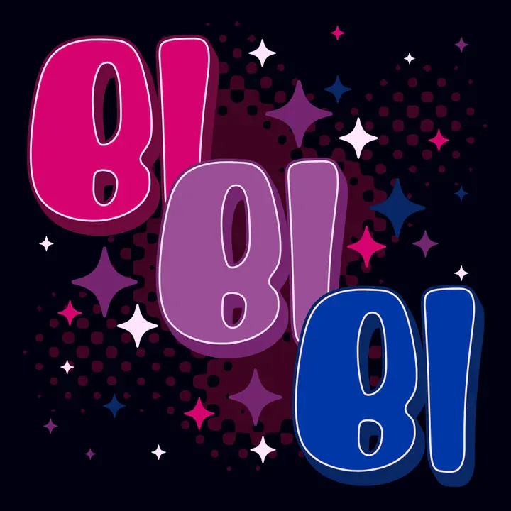 A design featuring three stacked 'Bi' words in a chubby, bubbly font style, each filled with the colors of the bisexual pride flag. Stars are scattered around the text, and the background is a solid navy blue - Kittl